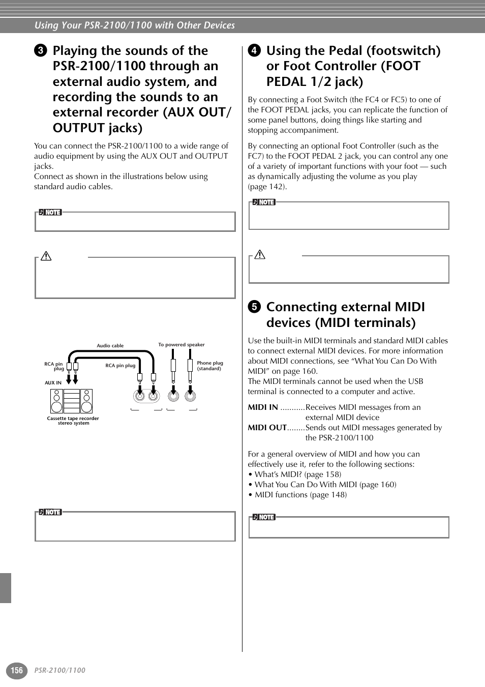 Playing the sounds of the psr-2100/1100 through an, Using the pedal (footswitch) or foot controller, Foot pedal 1/2 jack) | Connecting external midi devices, Midi terminals), P. 156, P.156 | Yamaha 1100 User Manual | Page 156 / 176