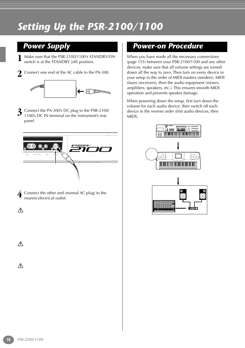 Setting up the psr-2100/1100, Power supply, Power-on procedure | Yamaha 1100 User Manual | Page 16 / 176