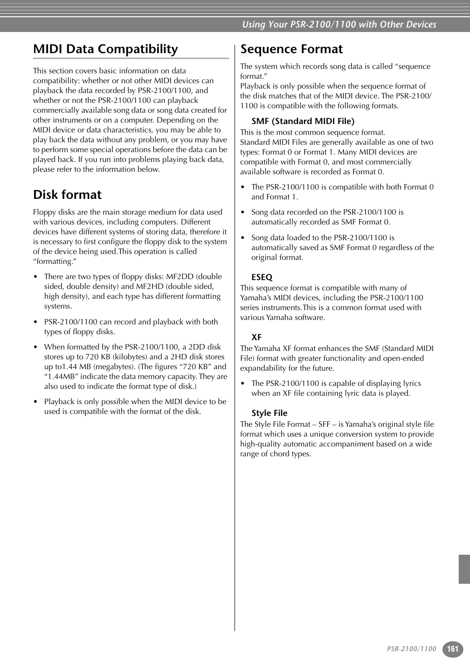 Midi data compatibility, Disk format, Sequence format | Smf (standard midi file), Eseq, Style file | Yamaha 1100 User Manual | Page 161 / 176