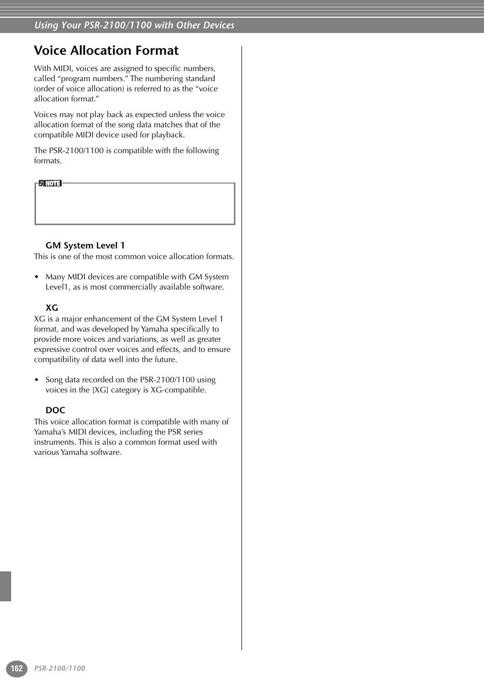 Voice allocation format, Gm system level 1 | Yamaha 1100 User Manual | Page 162 / 176