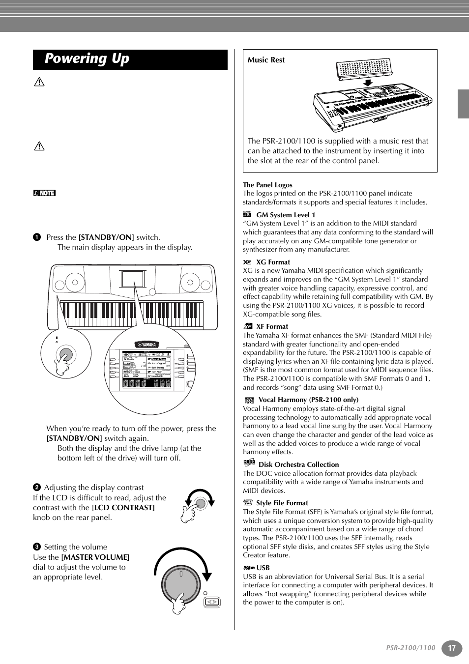 2 adjusting the display contrast, 3 setting the volume, Powering up | 1 press the [standby/on] switch | Yamaha 1100 User Manual | Page 17 / 176