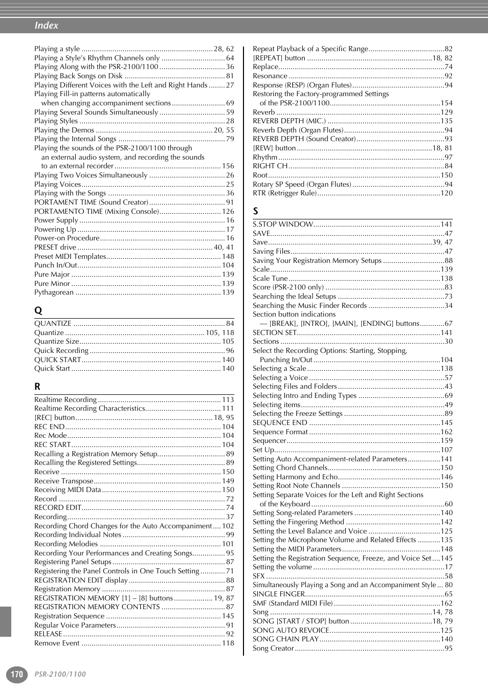 Index | Yamaha 1100 User Manual | Page 170 / 176