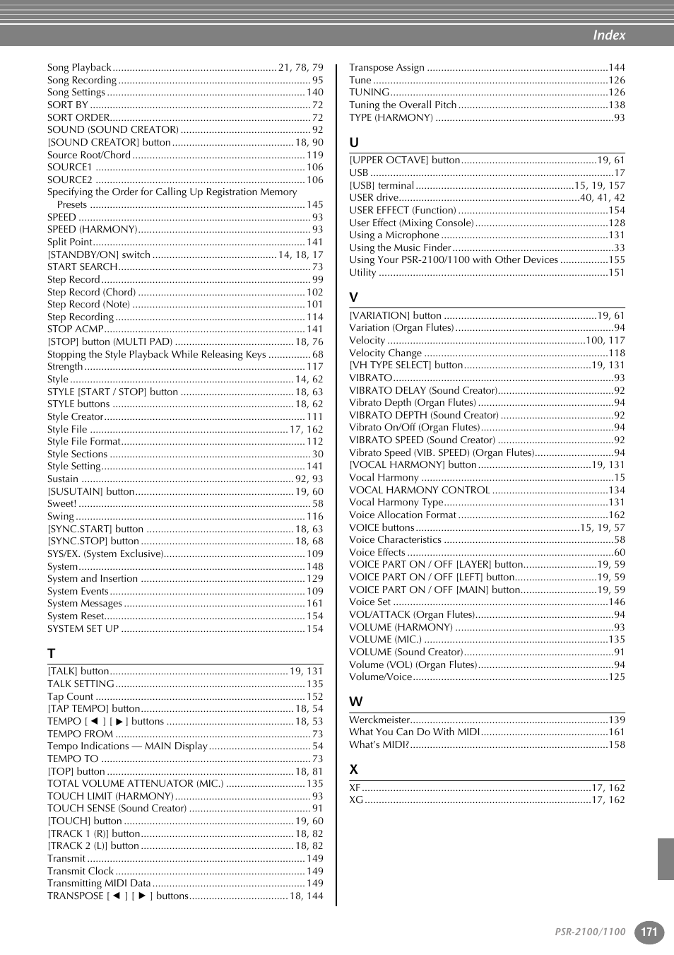 Index | Yamaha 1100 User Manual | Page 171 / 176