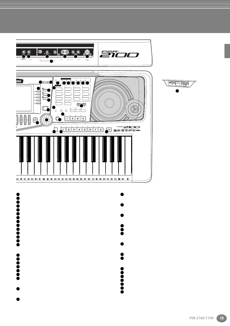 Voice effect, Voice, Upper octave | Music finder, One touch setting, Floppy disk, Microphone (psr-2100 only), Connectors | Yamaha 1100 User Manual | Page 19 / 176