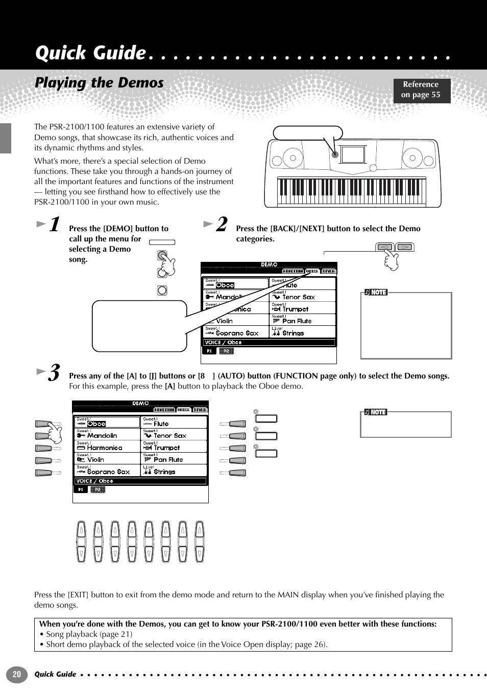 Quick guide, Playing the demos | Yamaha 1100 User Manual | Page 20 / 176