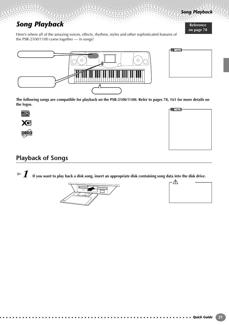 Song playback, Playback of songs | Yamaha 1100 User Manual | Page 21 / 176