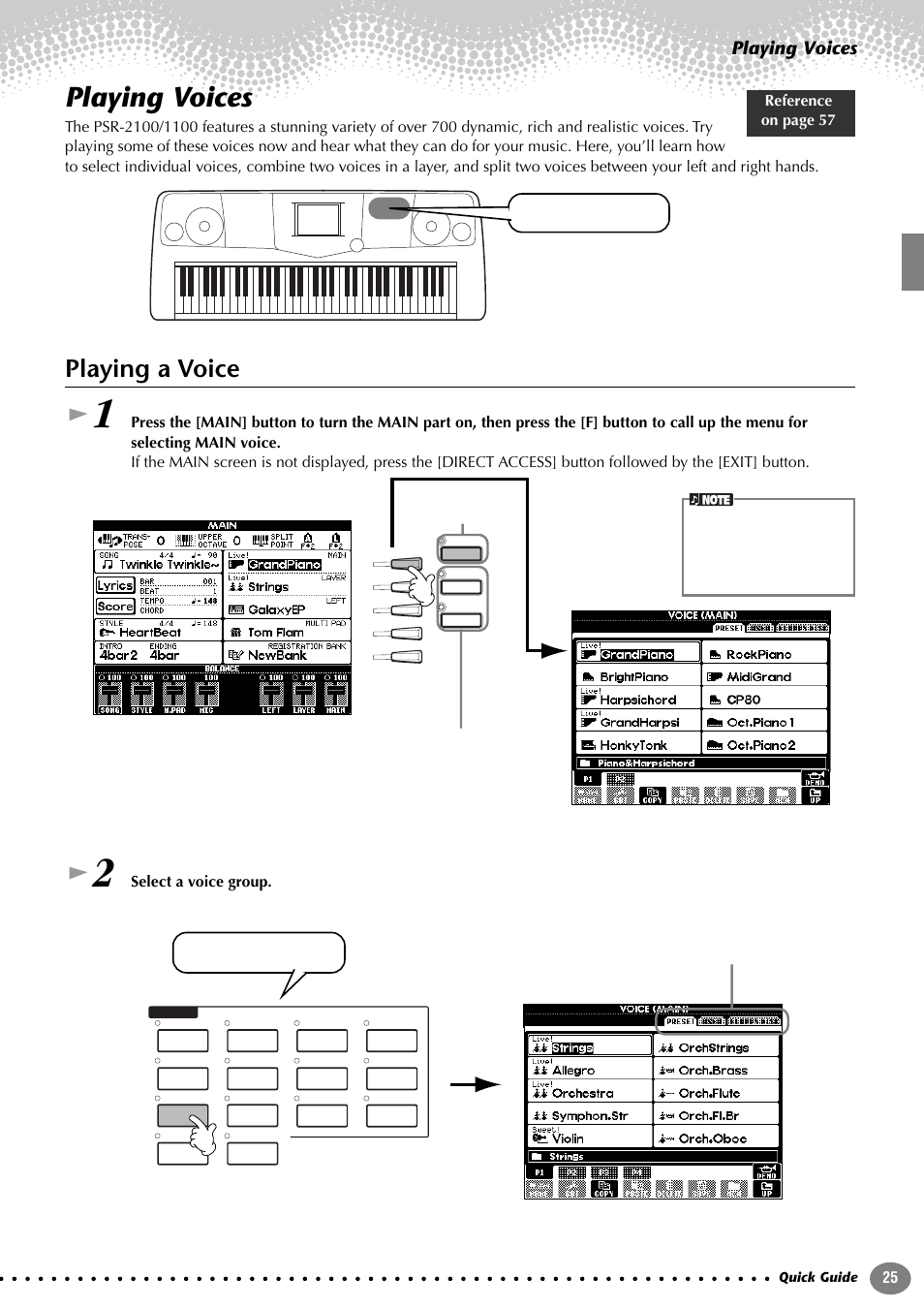 Playing voices, Playing a voice, Select a voice group. reference on page 57 | Yamaha 1100 User Manual | Page 25 / 176