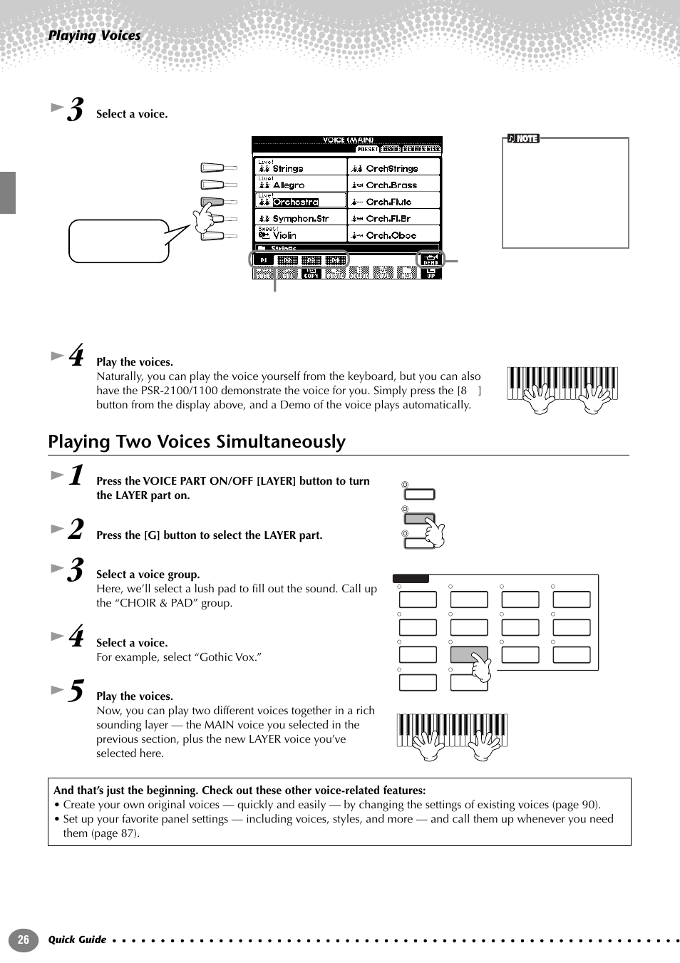 Playing two voices simultaneously, Playing voices | Yamaha 1100 User Manual | Page 26 / 176