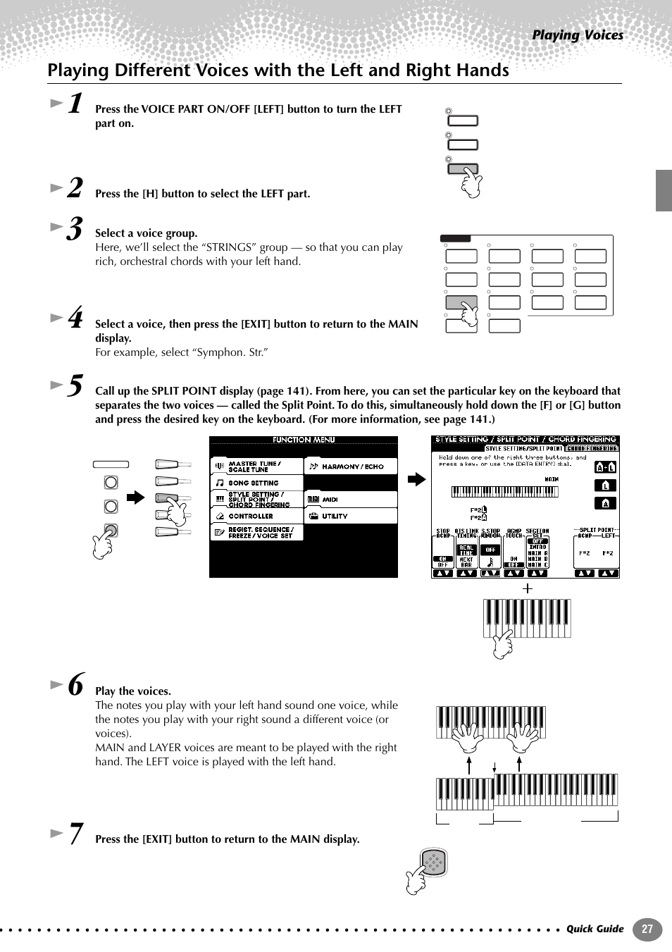 Playing different voices with the, Left and right hands, Playing voices | Yamaha 1100 User Manual | Page 27 / 176