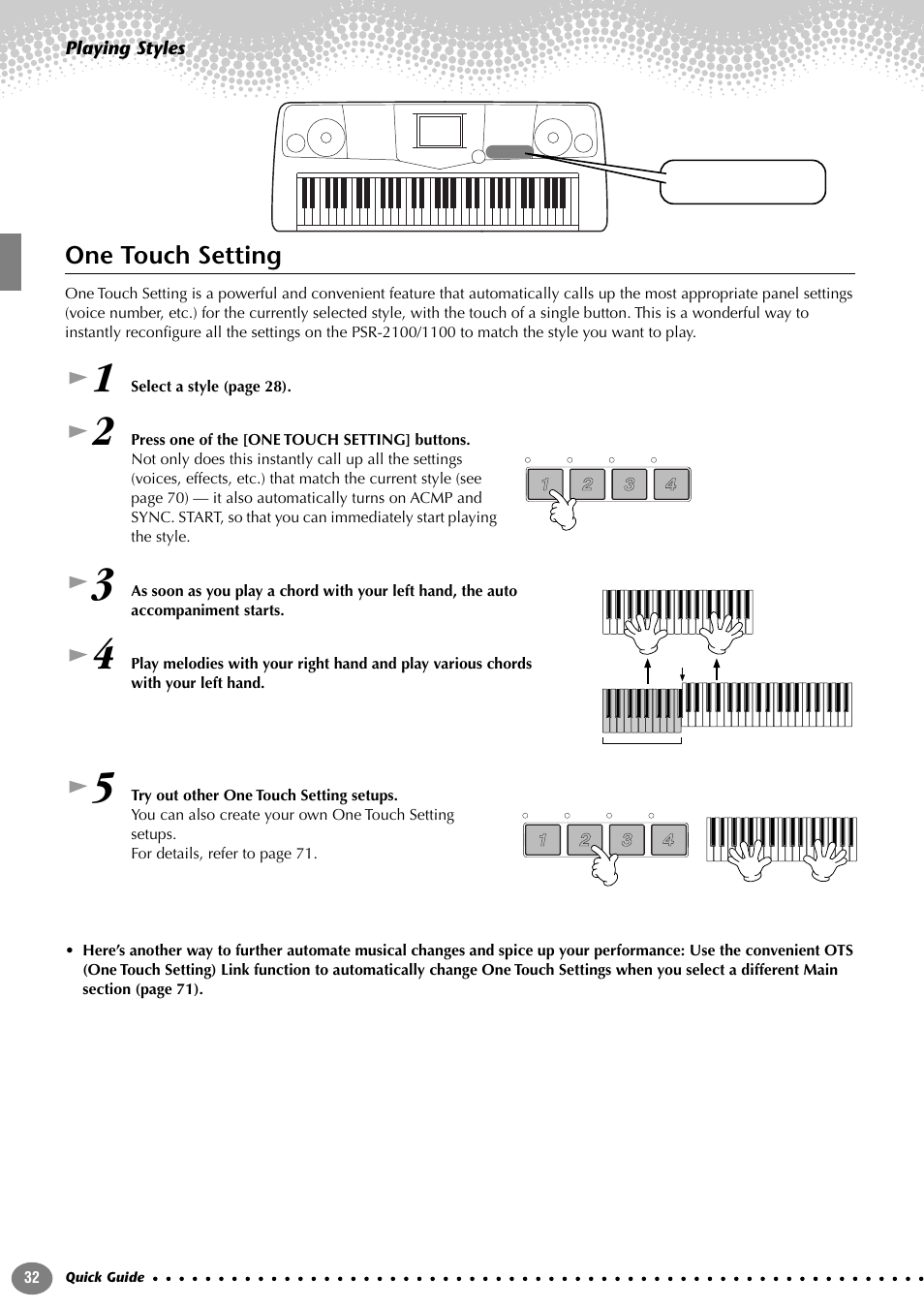 One touch setting | Yamaha 1100 User Manual | Page 32 / 176