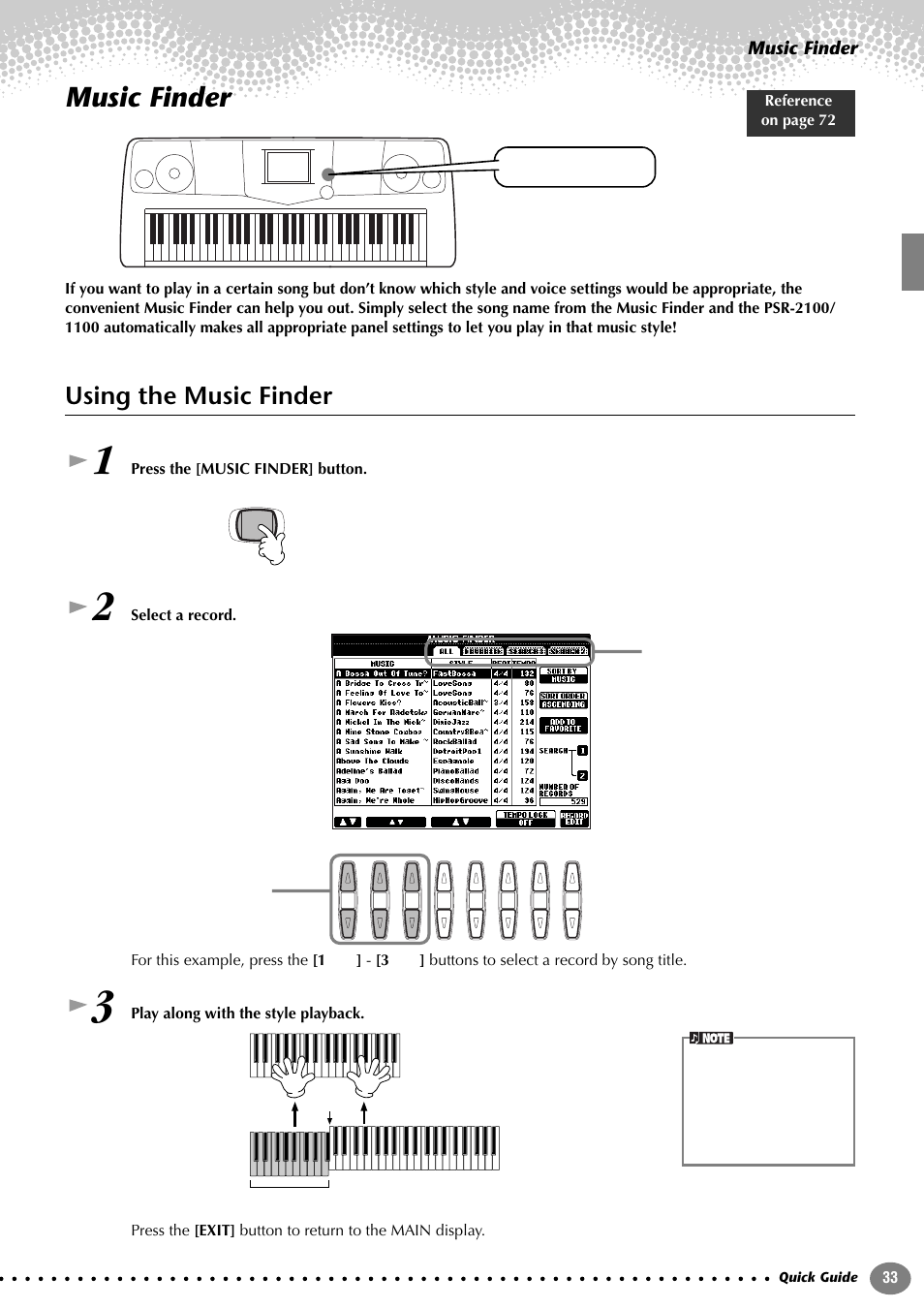 Music finder, Using the music finder | Yamaha 1100 User Manual | Page 33 / 176