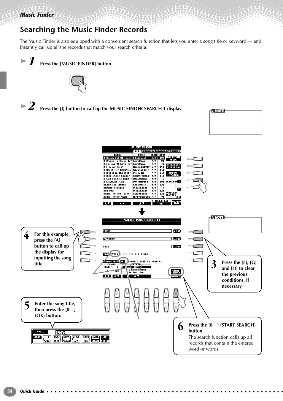 Searching the music finder records, Music finder | Yamaha 1100 User Manual | Page 34 / 176