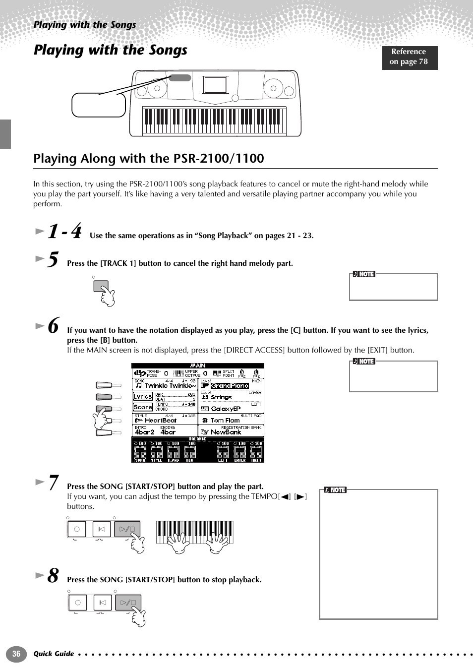 Playing with the songs, Playing along with the psr-2100/1100 | Yamaha 1100 User Manual | Page 36 / 176