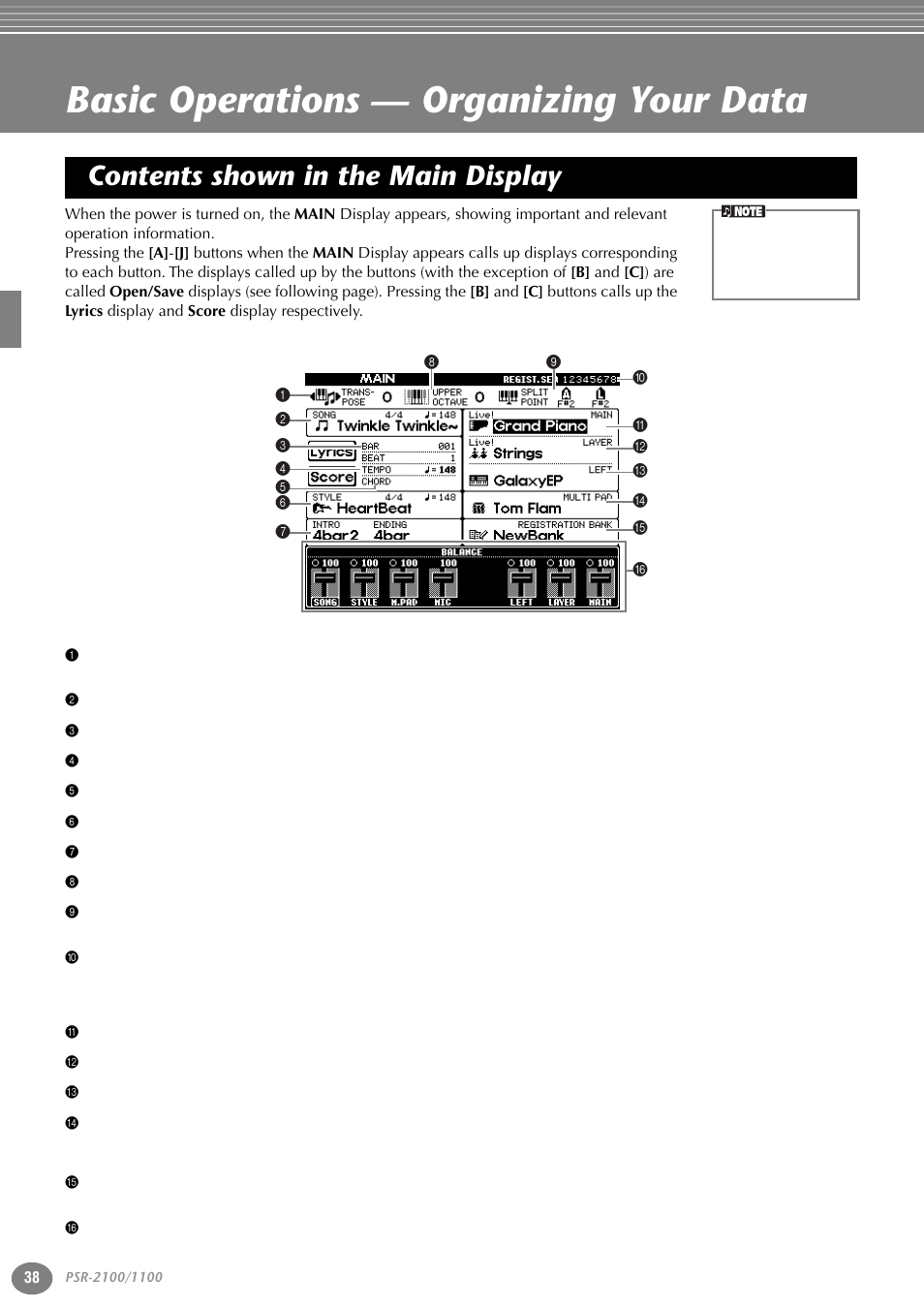 Basic operations — organizing your data, Contents shown in the main display, P. 38 | Yamaha 1100 User Manual | Page 38 / 176