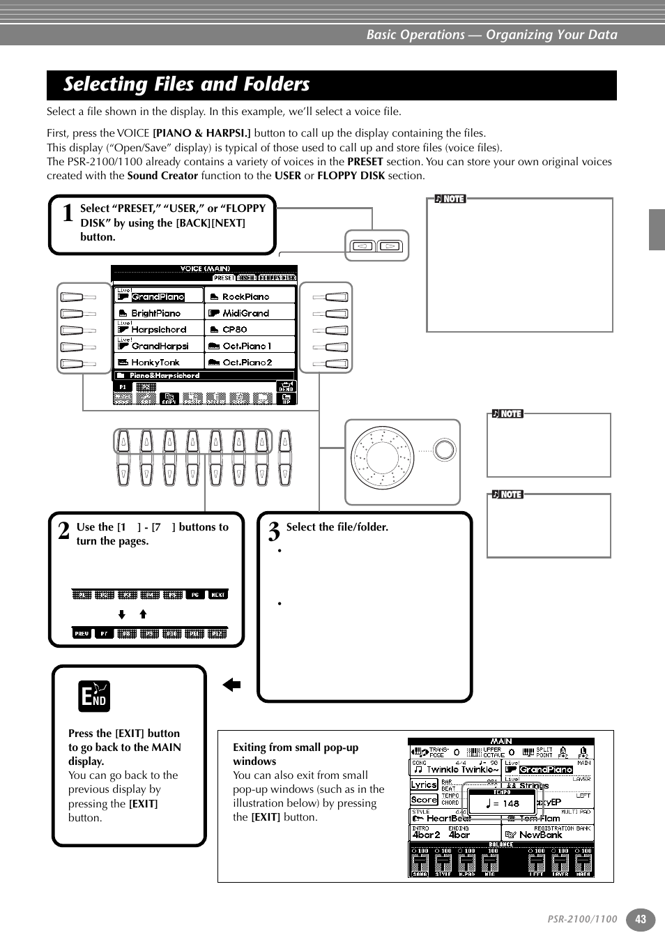 Selecting files and folders, P. 43, Basic operations — organizing your data | Yamaha 1100 User Manual | Page 43 / 176