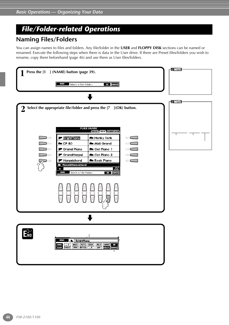 File/folder-related operations, Naming files/folders, Basic operations — organizing your data | Abcde.s002.mid | Yamaha 1100 User Manual | Page 44 / 176