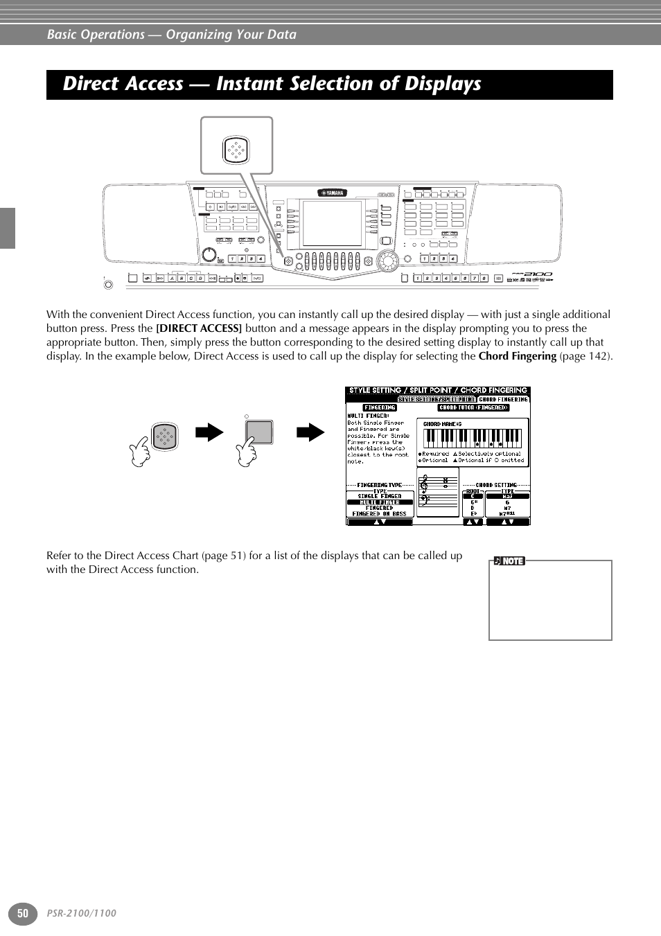 Direct access — instant selection of displays, P. 50, Basic operations — organizing your data | Direct access direct access acmp | Yamaha 1100 User Manual | Page 50 / 176