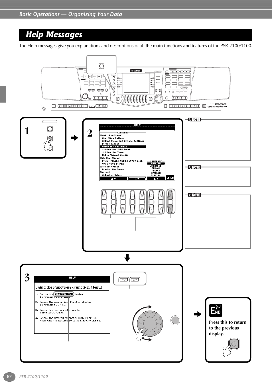 Help messages, P. 52, Basic operations — organizing your data | Press this to return to the previous display, 1 select the desired help topic | Yamaha 1100 User Manual | Page 52 / 176