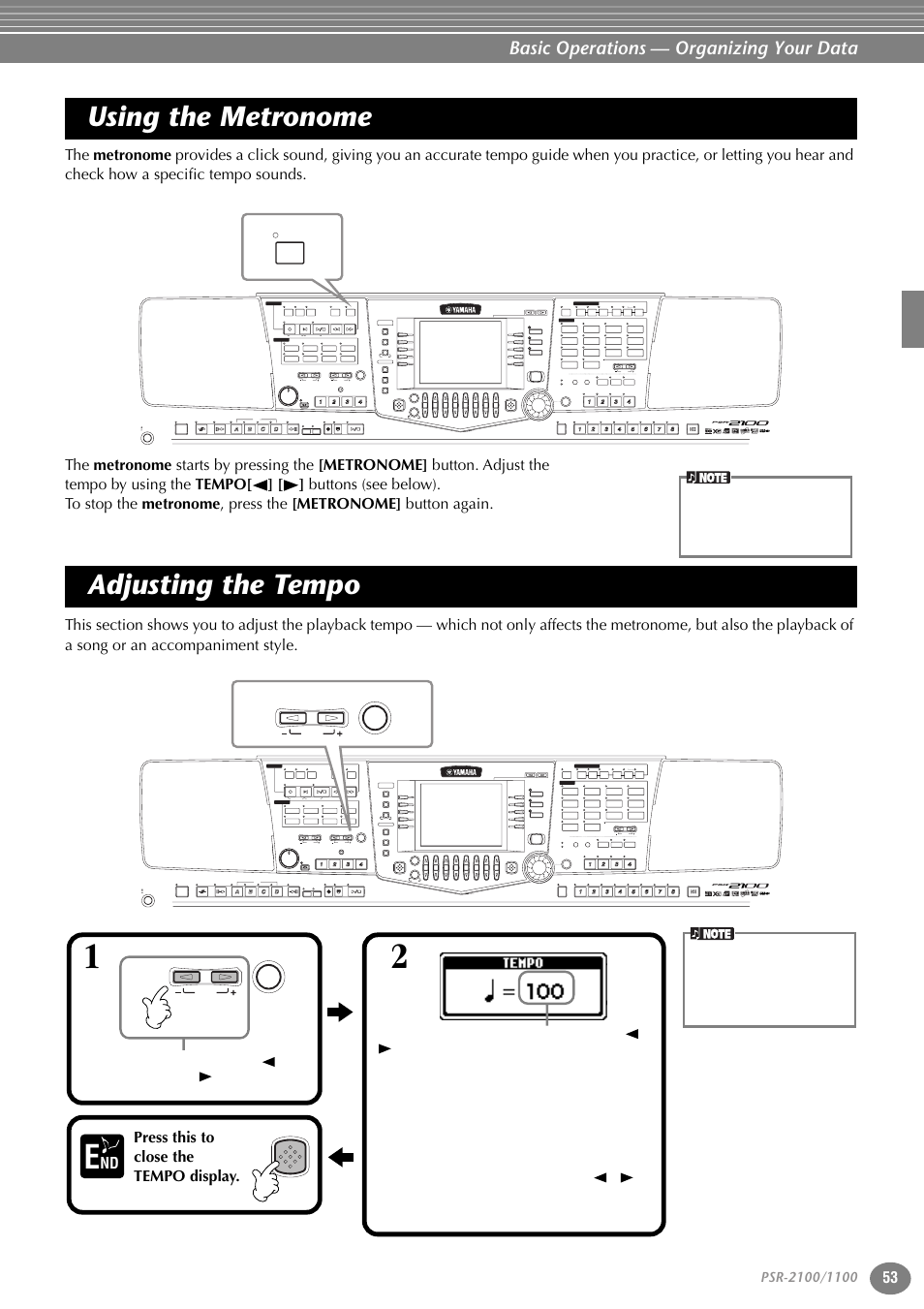 Using the metronome, Adjusting the tempo, Using the metronome adjusting the tempo | P. 53, Basic operations — organizing your data, Press this to close the tempo display | Yamaha 1100 User Manual | Page 53 / 176