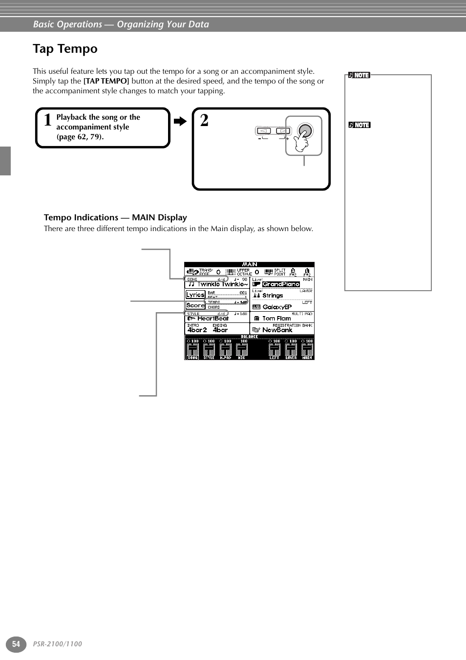 Tap tempo, Tempo indications — main display, P. 54 | Yamaha 1100 User Manual | Page 54 / 176