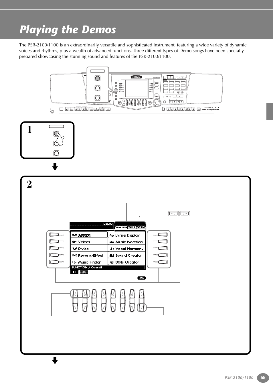 Reference, Playing the demos, Reference playing the demos | P. 55, Part, Variation, Reset, Reset min max, Reset new song sync. start, Style) (r) (l) | Yamaha 1100 User Manual | Page 55 / 176