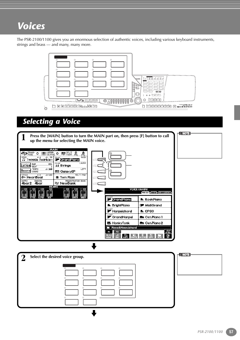 Voices, Selecting a voice, P. 57 | Select the desired voice group, Part, Variation, Reset, Reset min max, Reset new song sync. start, Style) (r) (l) | Yamaha 1100 User Manual | Page 57 / 176