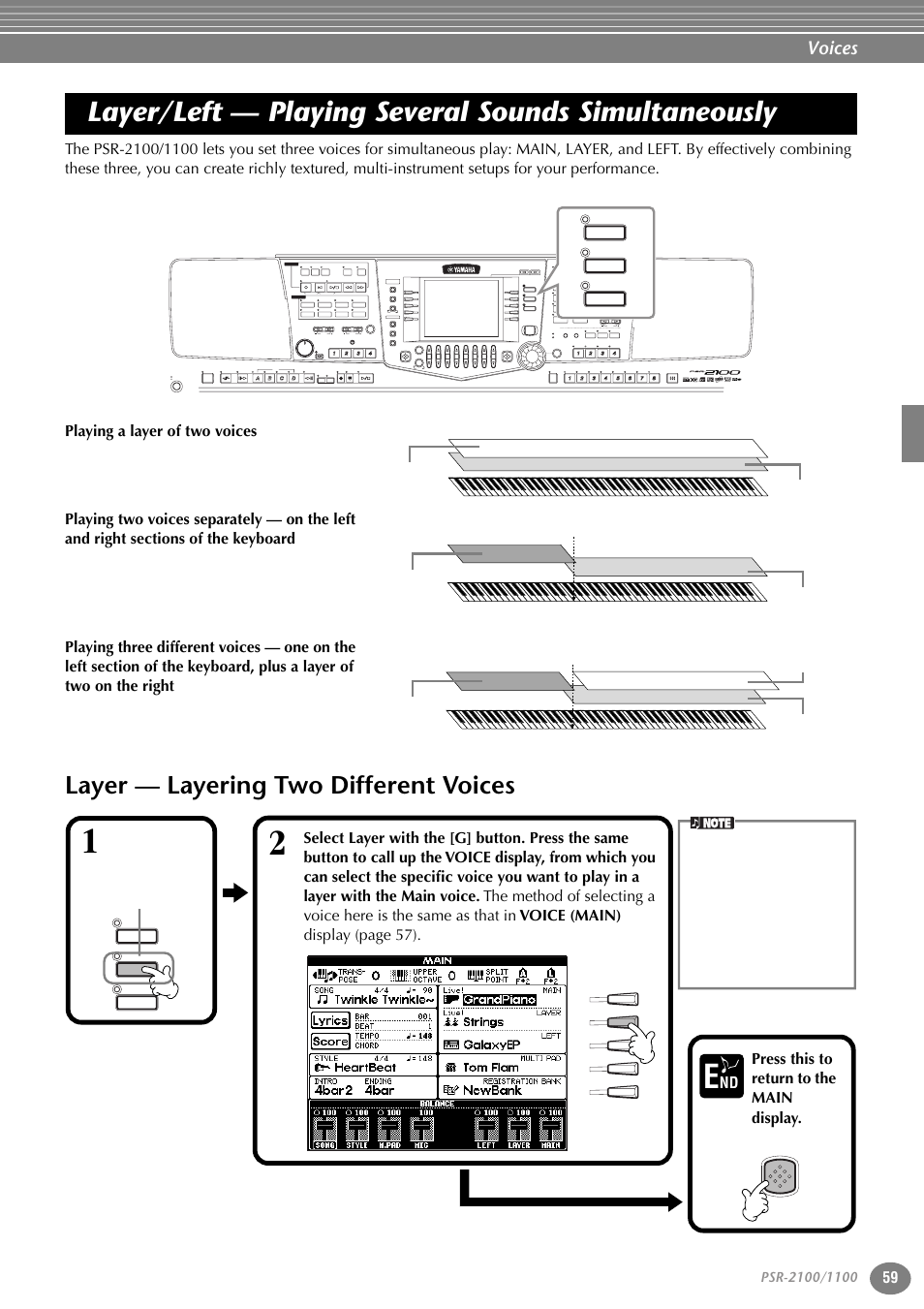 Layer/left — playing several sounds simultaneously, Layer — layering two different voices, Layer/left — playing several sounds | Simultaneously, P. 59, Voices, Part, Variation, Reset, Reset min max | Yamaha 1100 User Manual | Page 59 / 176