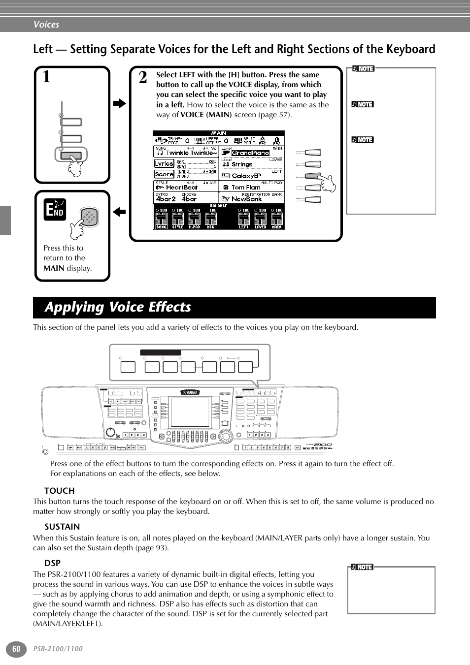 Applying voice effects, Touch, Sustain | Left — setting separate voices for the left, And right sections of the keyboard, P. 60, Voices, Nd press this to return to the main display, Part, Variation | Yamaha 1100 User Manual | Page 60 / 176