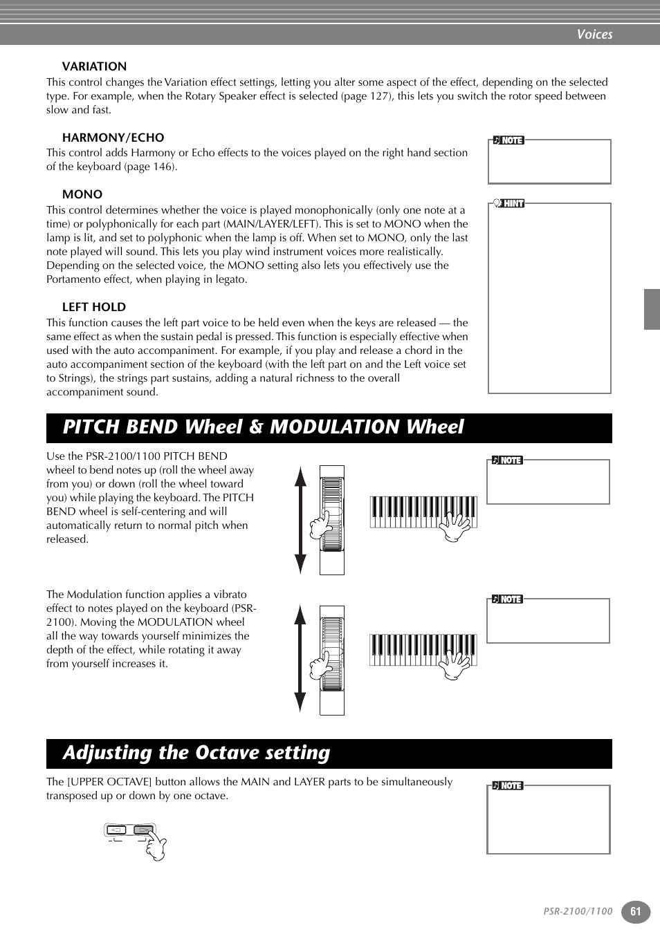 Variation, Harmony/echo, Mono | Left hold, Pitch bend wheel & modulation wheel, Adjusting the octave setting, P. 61, Voices | Yamaha 1100 User Manual | Page 61 / 176