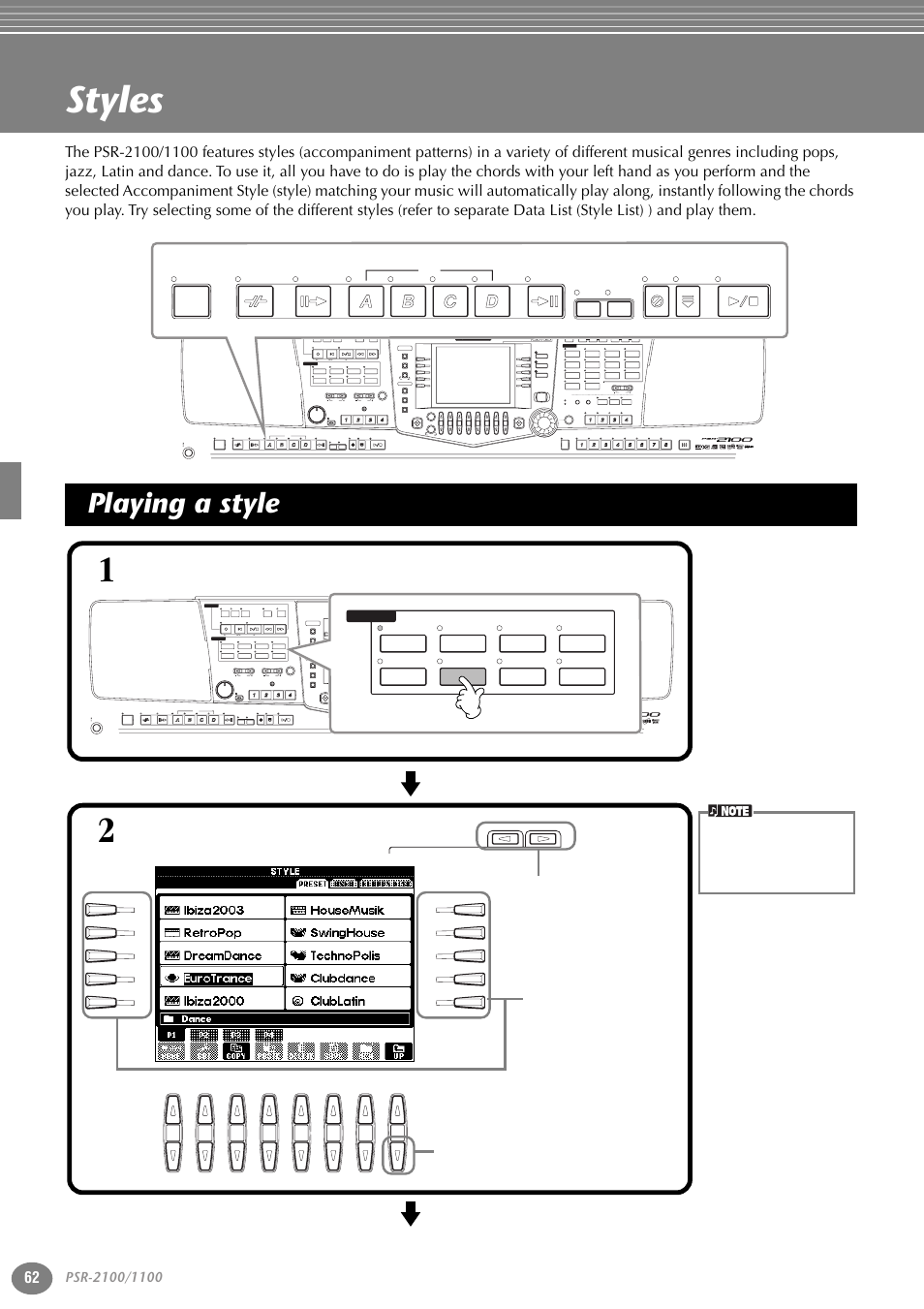 Styles, Playing a style, P. 62 | Part, Variation, Reset, Reset min max, Reset new song sync. start, Style) (r) (l), 2 select a style | Yamaha 1100 User Manual | Page 62 / 176