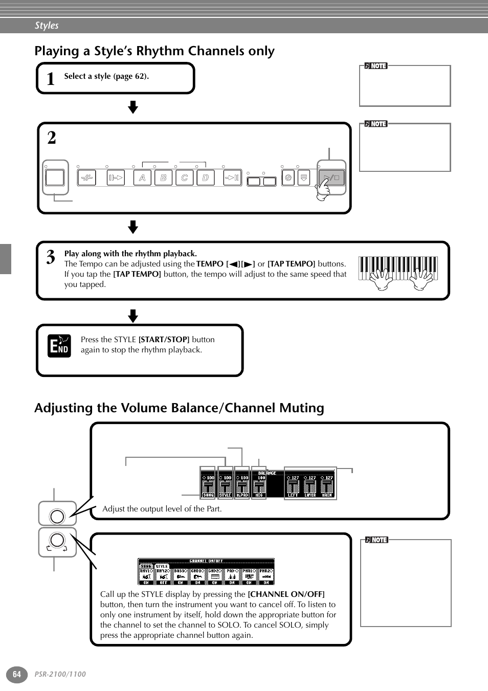 Playing a style’s rhythm channels only, Adjusting the volume balance/channel muting, P. 64 | Styles | Yamaha 1100 User Manual | Page 64 / 176