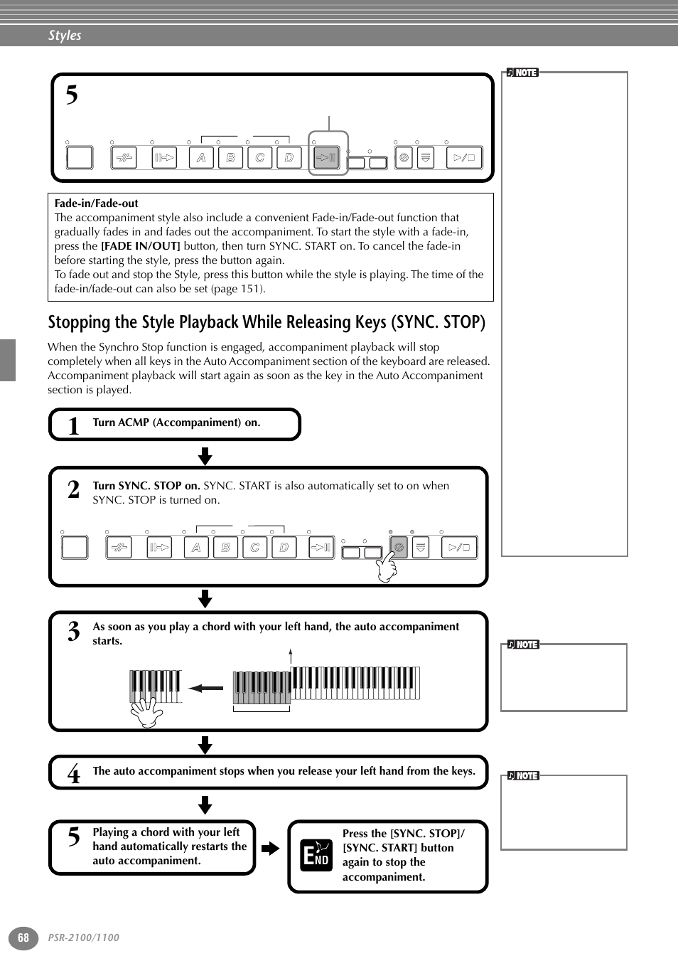 Stopping the style playback while releasing keys, Sync. stop), P. 68 | Styles | Yamaha 1100 User Manual | Page 68 / 176