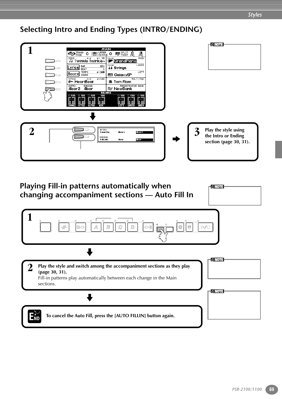 Selecting intro and ending types (intro/ending), Accompaniment sections — auto fill in, P. 69 | Styles | Yamaha 1100 User Manual | Page 69 / 176