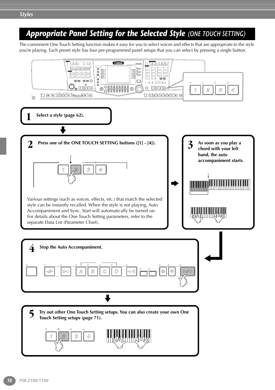 Appropriate panel setting for the selected style, One touch setting), P. 70 | Styles, Select a style (page 62), Stop the auto accompaniment, Part, Variation, Reset, Reset min max | Yamaha 1100 User Manual | Page 70 / 176