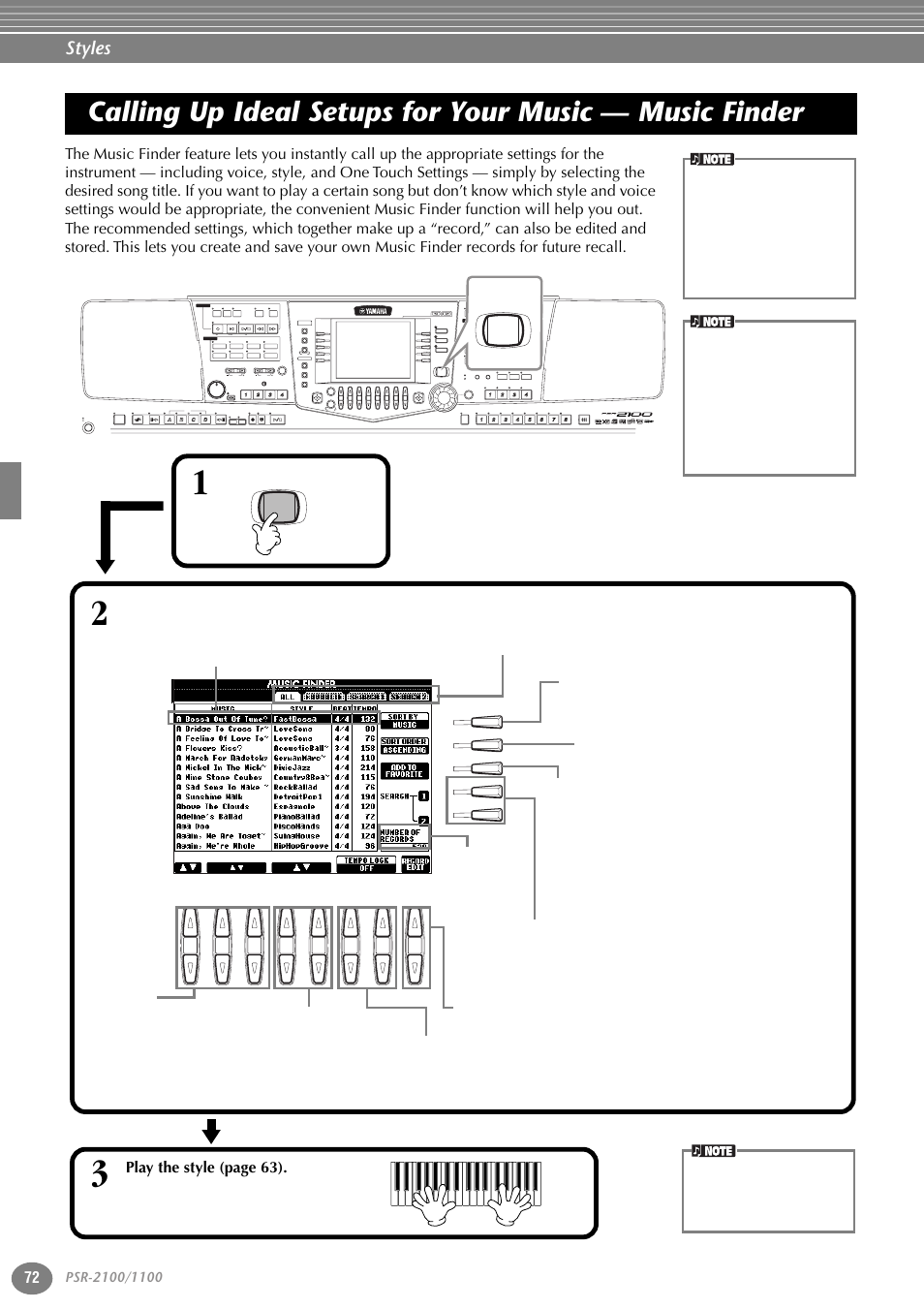 Calling up ideal setups for your music, Music finder, P. 72 | Styles, Pla y the style (page 63), Part, Variation, Reset, Reset min max, Reset new song sync. start | Yamaha 1100 User Manual | Page 72 / 176