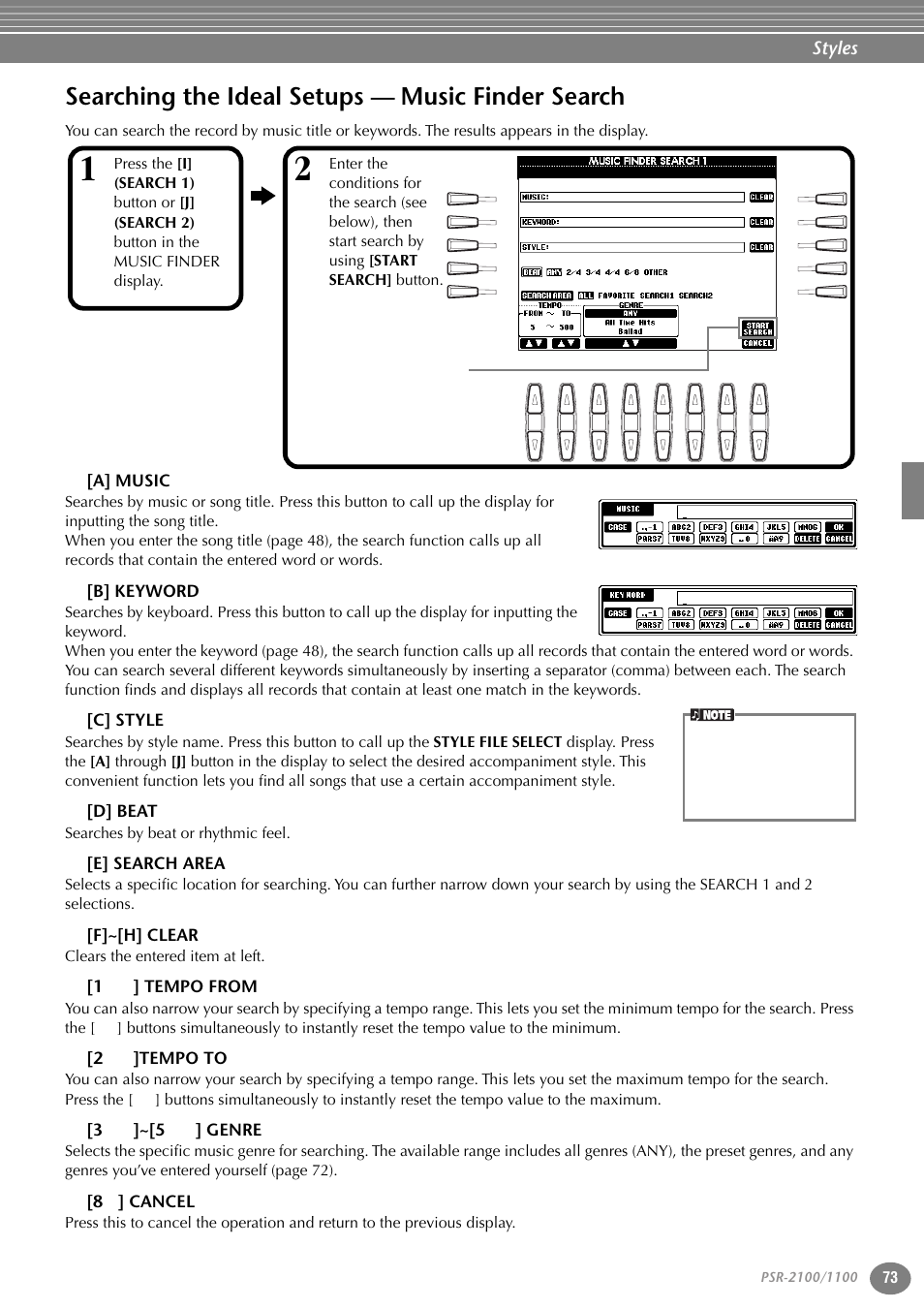 Searching the ideal setups — music finder search, A] music, B] keyword | C] style, D] beat, E] search area, F]~[h] clear, 1st] tempo from, 2st]tempo to, 3st]~[5st] genre | Yamaha 1100 User Manual | Page 73 / 176