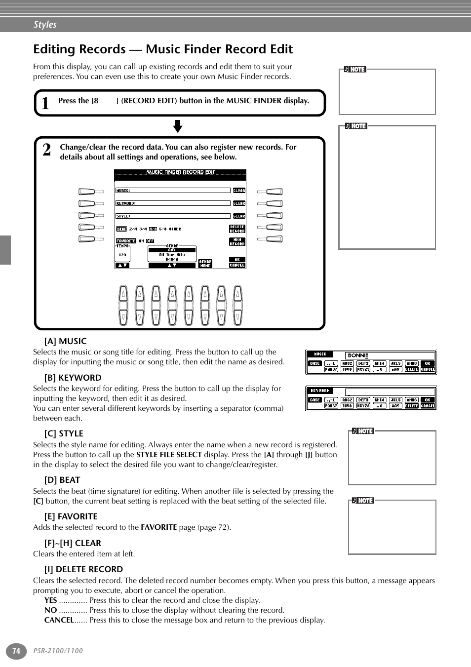 Editing records — music finder record edit, A] music, B] keyword | C] style, D] beat, E] favorite, F]~[h] clear, I] delete record, Styles | Yamaha 1100 User Manual | Page 74 / 176