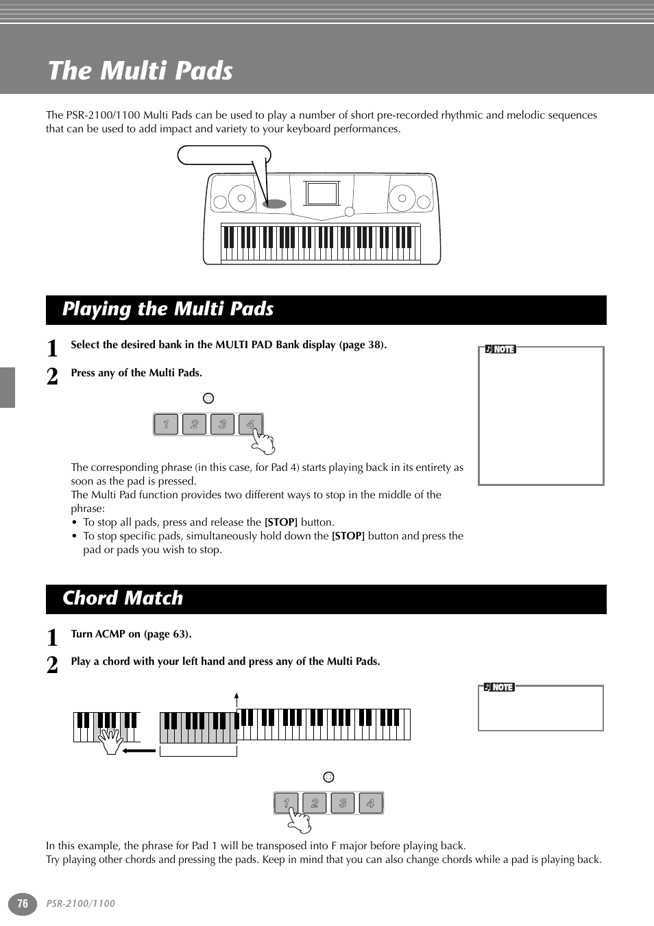 The multi pads, Playing the multi pads, Chord match | Playing the multi pads chord match, P. 76 | Yamaha 1100 User Manual | Page 76 / 176