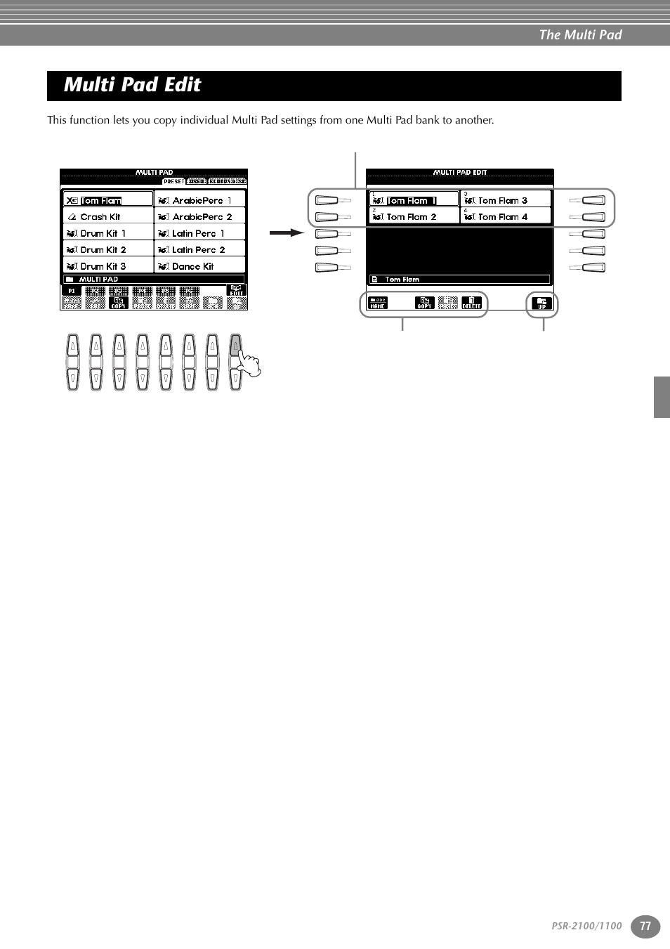 Multi pad edit, The multi pad | Yamaha 1100 User Manual | Page 77 / 176