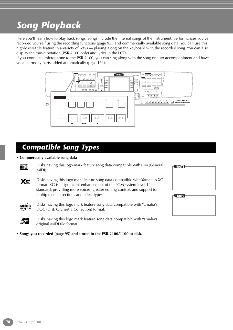 Song playback, Compatible song types, Part | Variation, Reset, Reset min max, Reset new song sync. start, Style) (r) (l), Song | Yamaha 1100 User Manual | Page 78 / 176