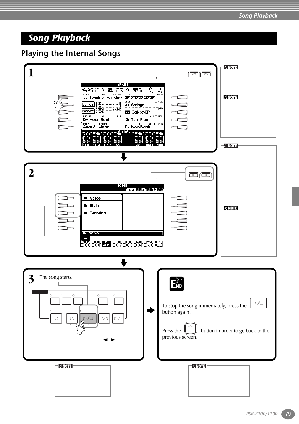 Song playback, Playing the internal songs, P. 79 | Nd 2 | Yamaha 1100 User Manual | Page 79 / 176