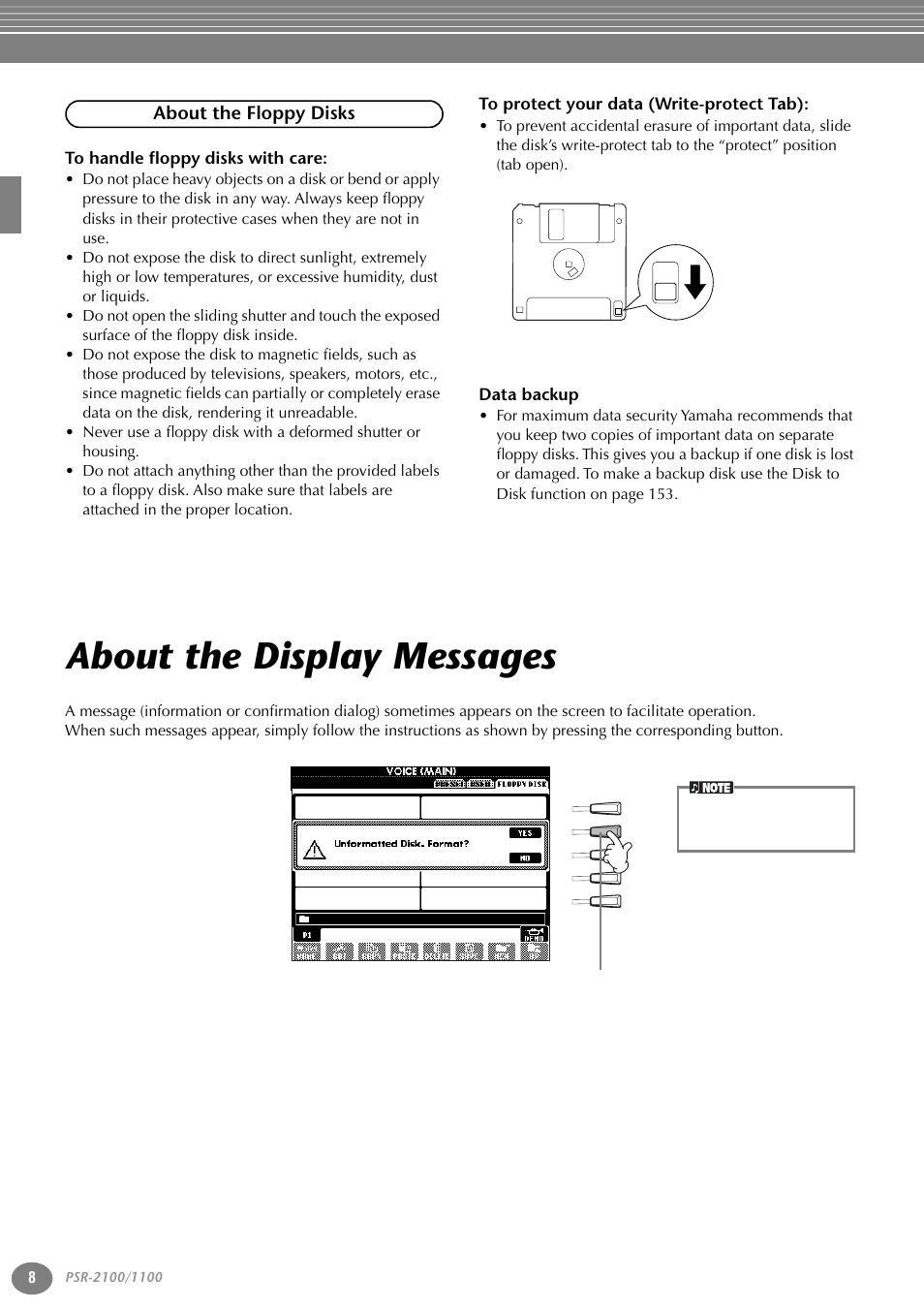 About the floppy disks, To handle floppy disks with care, To protect your data (write-protect tab) | Data backup, About the display messages | Yamaha 1100 User Manual | Page 8 / 176