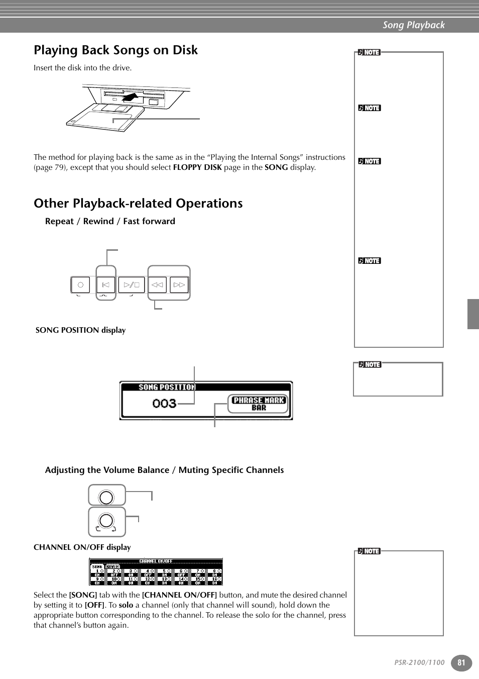 Playing back songs on disk, Other playback-related operations, Repeat / rewind / fast forward | P. 81, Song playback | Yamaha 1100 User Manual | Page 81 / 176