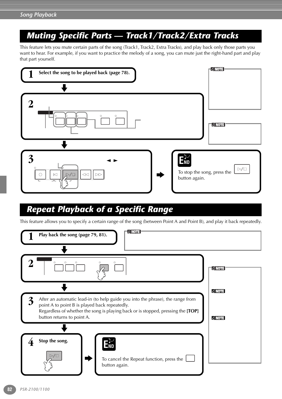 Muting specific parts — track1/track2/extra tracks, Repeat playback of a specific range, Muting specific parts | Track1/track2/extra tracks, And voice set, P. 82, Song playback | Yamaha 1100 User Manual | Page 82 / 176