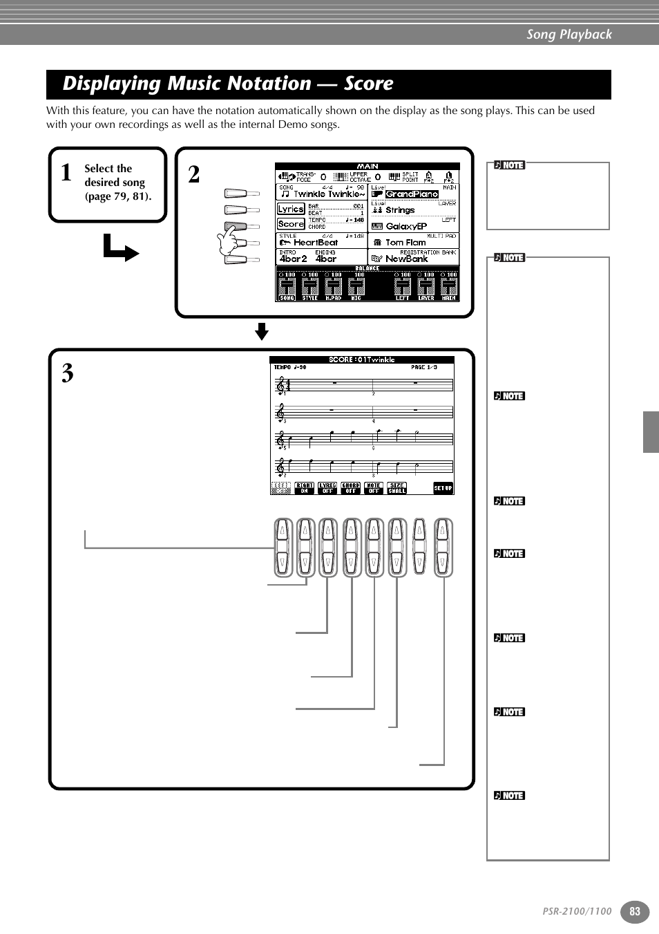 Displaying music notation — score, Song playback | Yamaha 1100 User Manual | Page 83 / 176