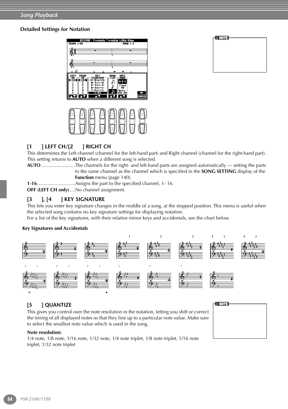 1st] left ch/[2st] right ch, 3st], [4st] key signature, 5st] quantize | Song playback, 3 ▲▼ ], [4 ▲▼ ] key signature, 5 ▲▼ ] quantize, Key signatures and accidentals | Yamaha 1100 User Manual | Page 84 / 176