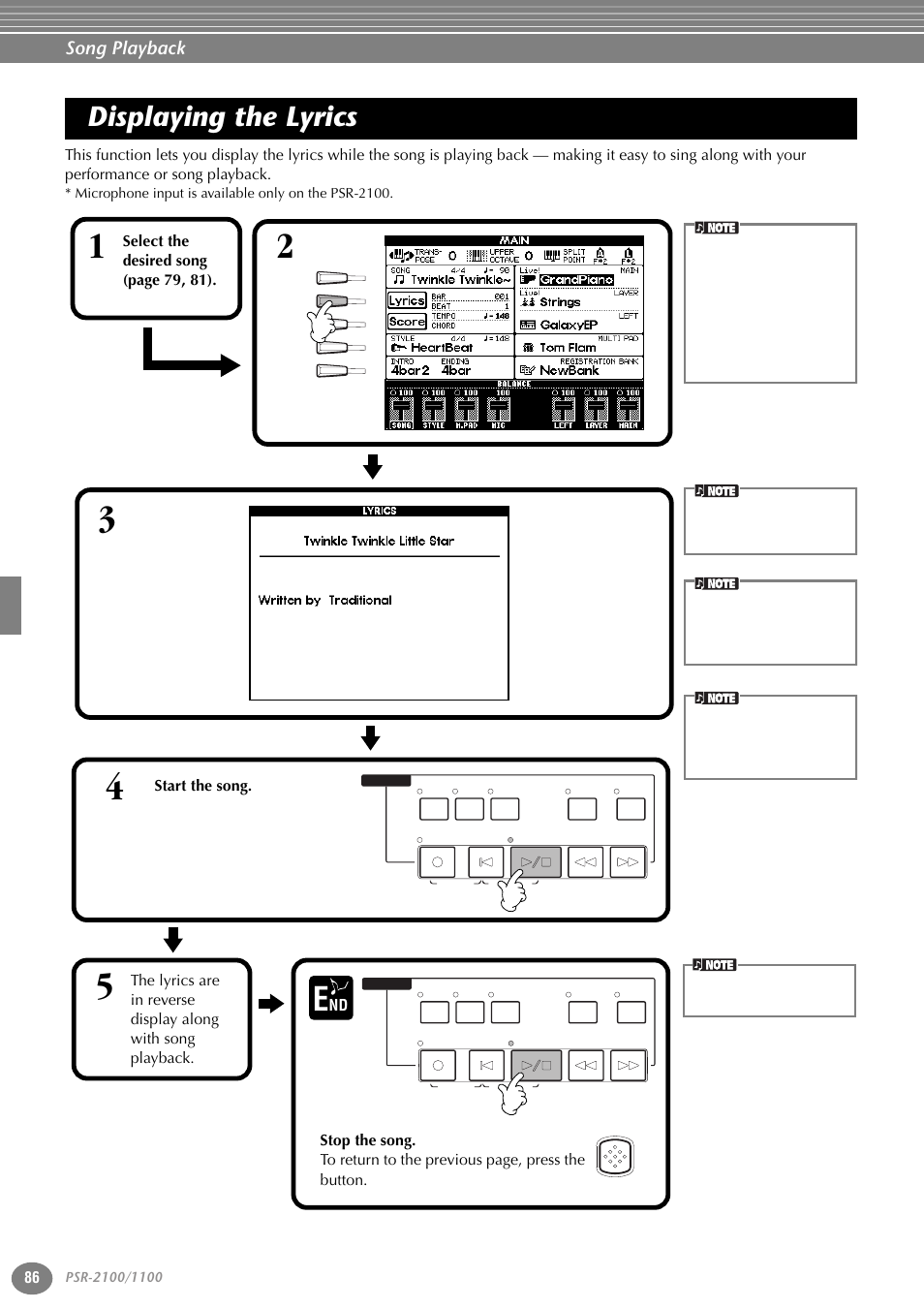 Displaying the lyrics, Song playback, Select the desired song (page 79, 81) | Start the song | Yamaha 1100 User Manual | Page 86 / 176