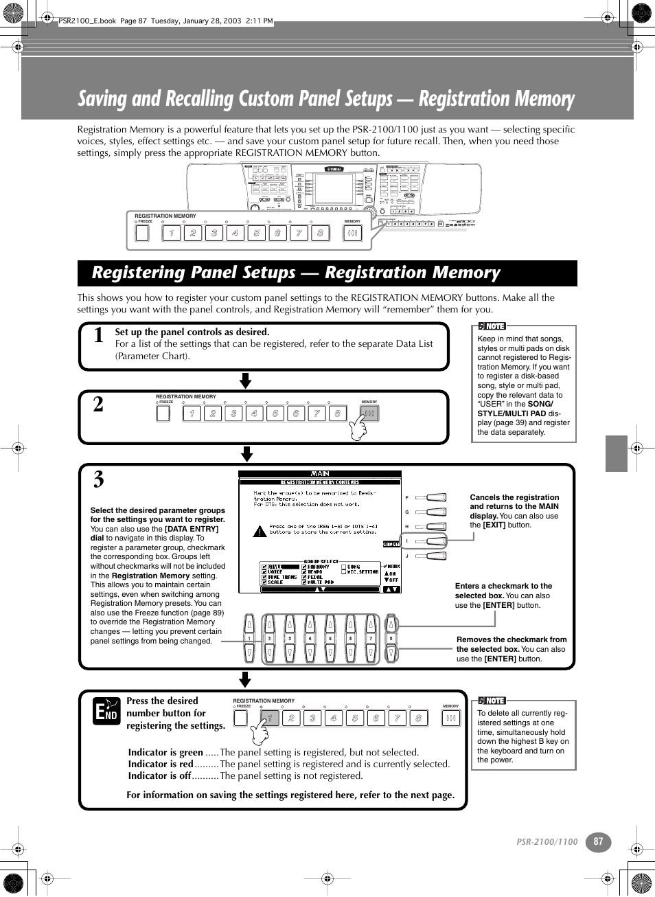 Registering panel setups — registration memory, P. 87 | Yamaha 1100 User Manual | Page 87 / 176