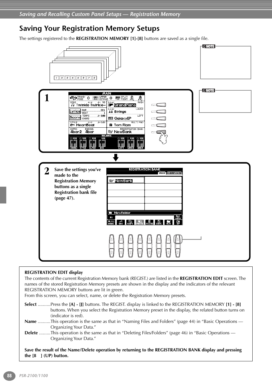 Saving your registration memory setups | Yamaha 1100 User Manual | Page 88 / 176