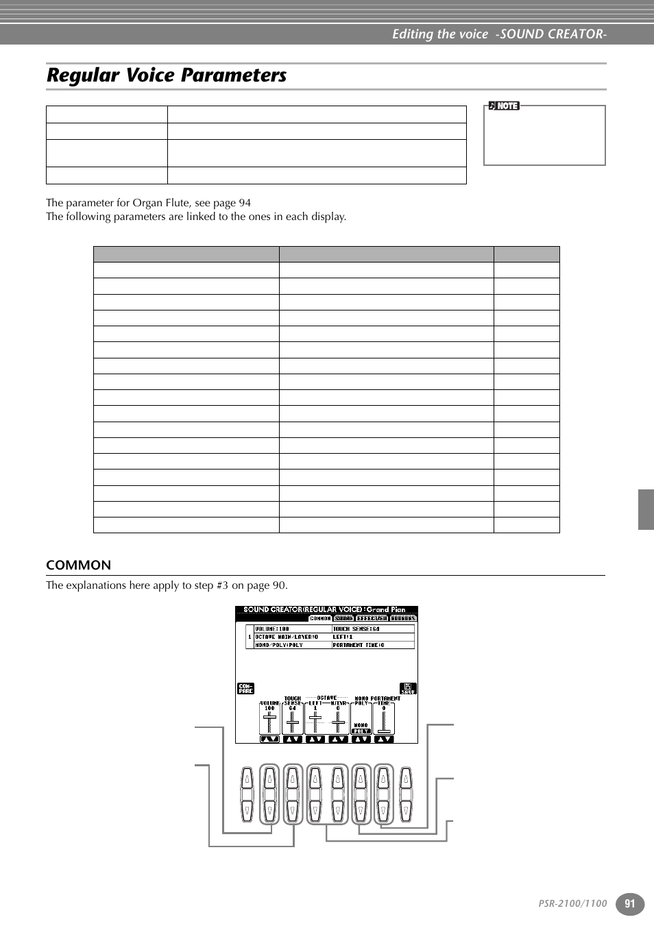 Regular voice parameters, Common, Editing the voice -sound creator | T he explanations here apply to step #3 on page 90 | Yamaha 1100 User Manual | Page 91 / 176